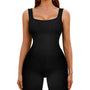 Ribbed Square-Neck Yoga Romper – Black