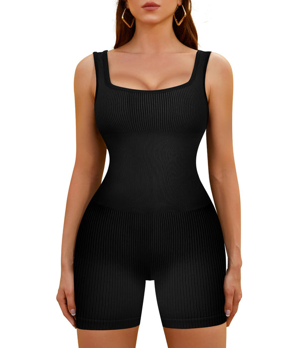 Ribbed Square-Neck Yoga Romper – Black