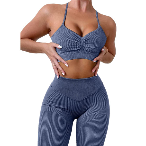Ribbed Yoga Bra & Leggings Set – Blue