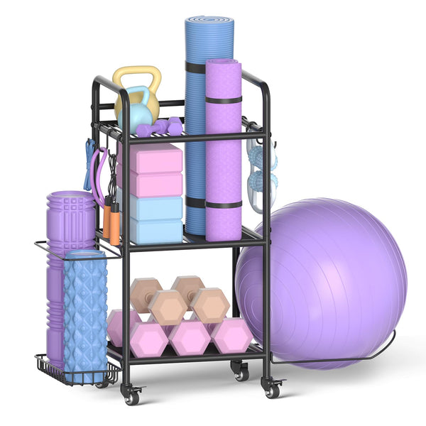 Rolling Yoga & Fitness Storage Rack – Black