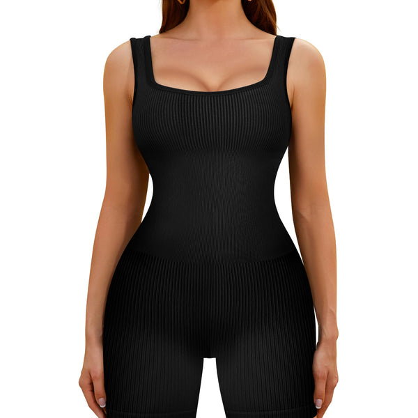 Ribbed Square-Neck Yoga Romper – Black