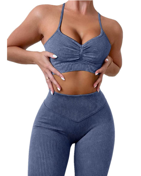 Ribbed Yoga Bra & Leggings Set – Blue