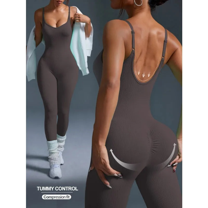 One-piece yoga suit for women with slim shoulders and beautiful back, running tummy-tightening butt-lifting fitness jumpsuit
