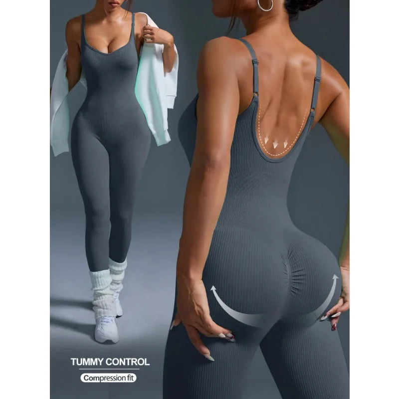 One-piece yoga suit for women with slim shoulders and beautiful back, running tummy-tightening butt-lifting fitness jumpsuit
