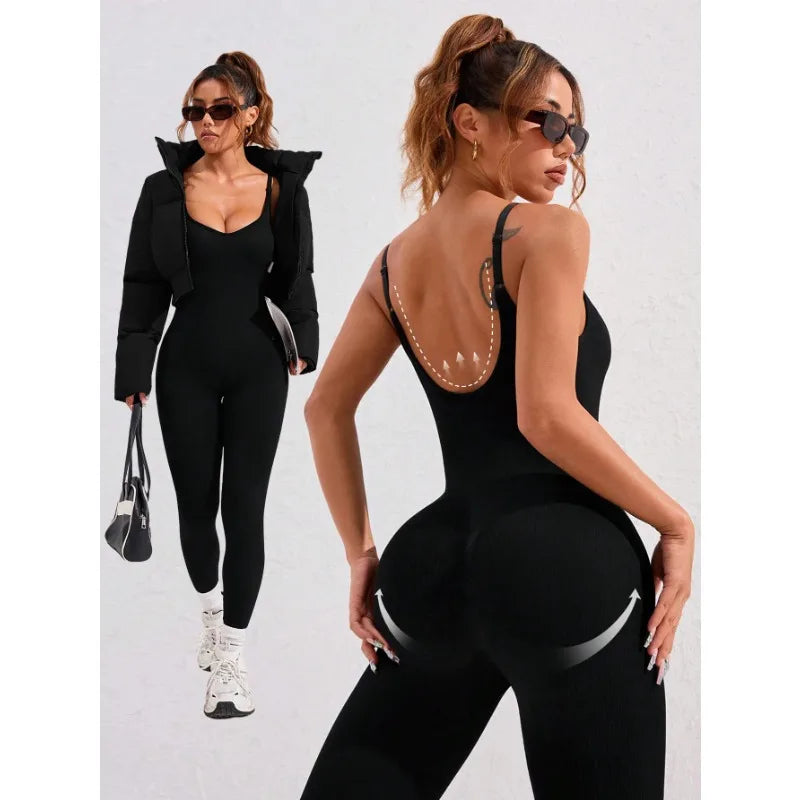 One-piece yoga suit for women with slim shoulders and beautiful back, running tummy-tightening butt-lifting fitness jumpsuit