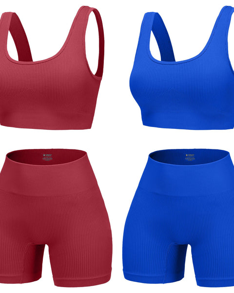 Ribbed Yoga Bra & Shorts Set – 4 Pieces