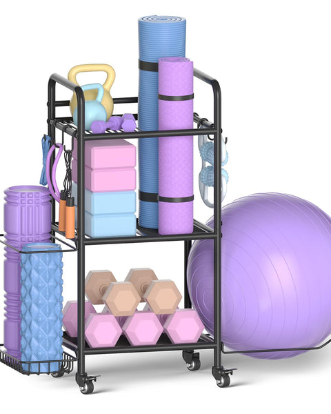 Rolling Yoga & Fitness Storage Rack – Black