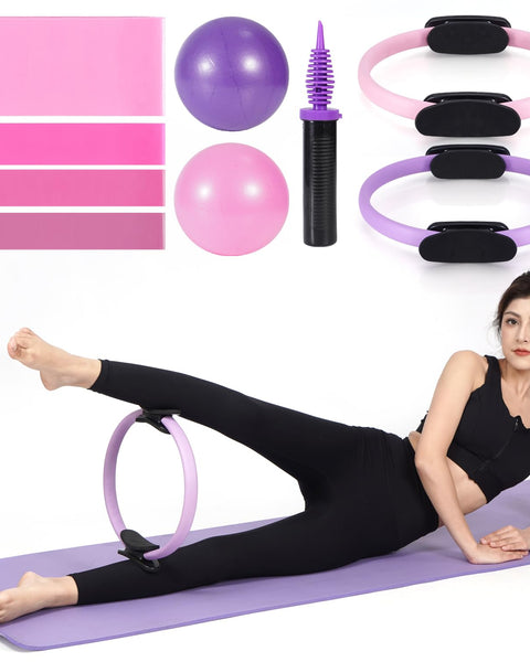 Pilates Ring, Ball & Resistance Band Set – Pink & Purple