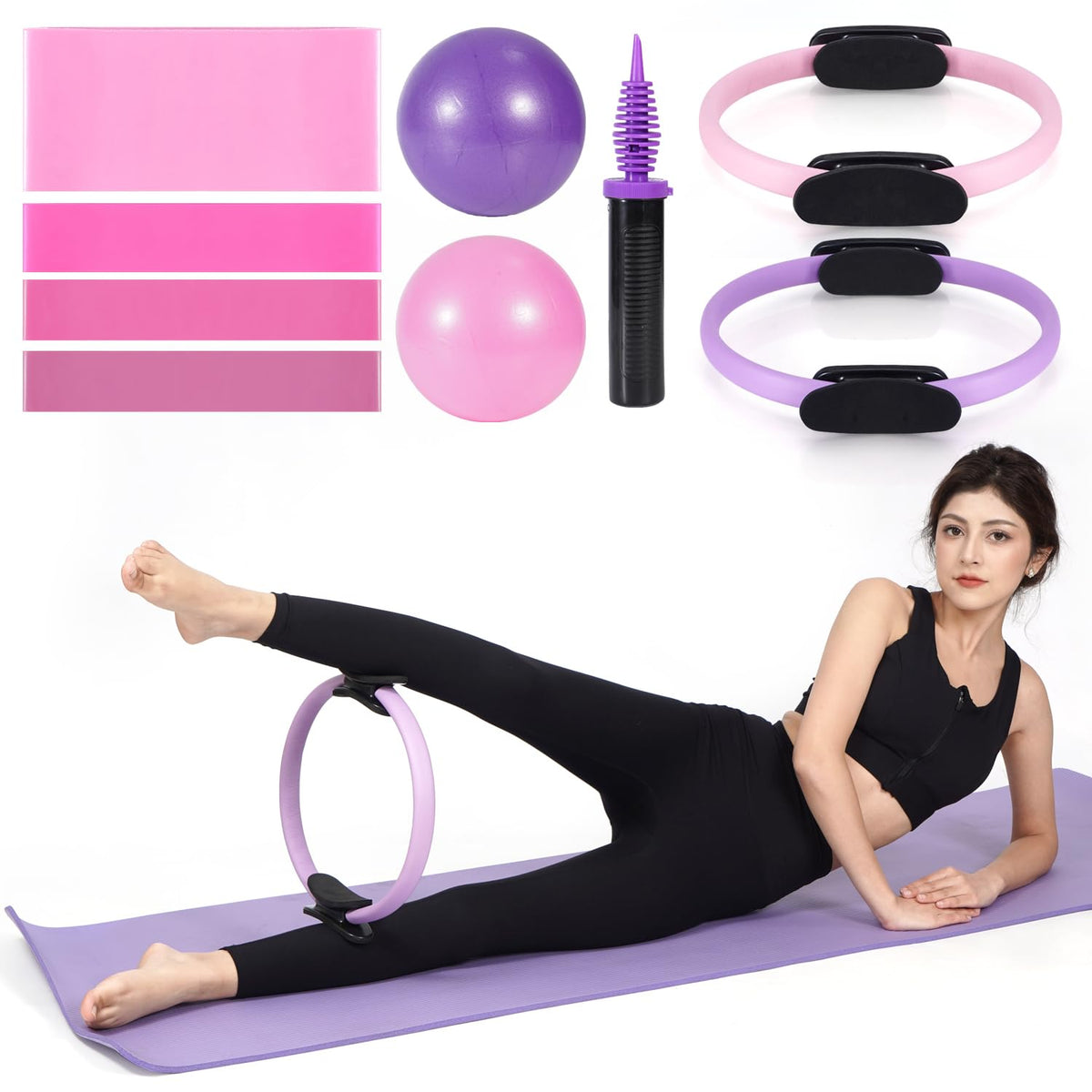 Pilates Ring, Ball & Resistance Band Set – Pink & Purple